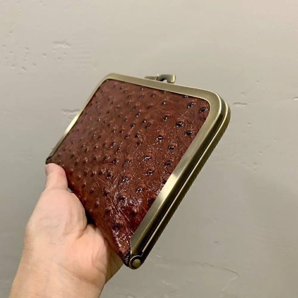 Handmade Genuine Ostrich Textured Cowhide, Kisslock Clutch/Passport Holder
